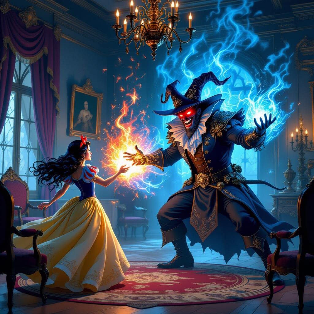 Snow White's Magical Battle Against Bluebeard in Opulent Cas...