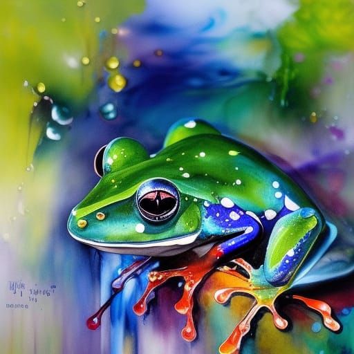 Drippy Watercolor Frog Painting with Colorful Splashes