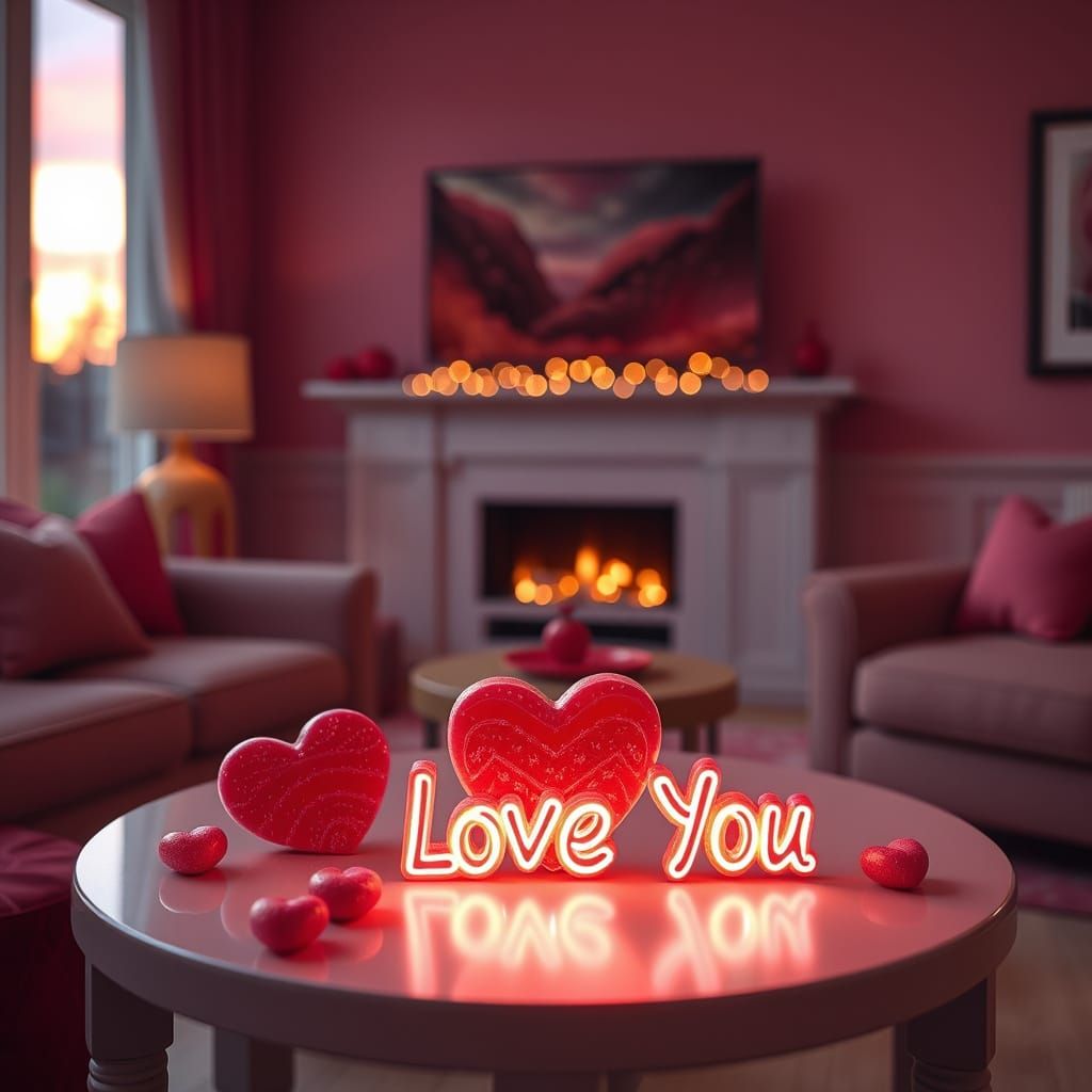 Romantic Living Room Scene with Heart-Shaped Candies