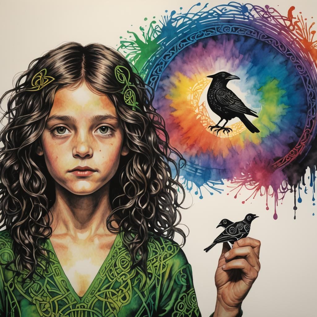Surreal Celtic Raven Crayon Drawing with Rainbow Fairy