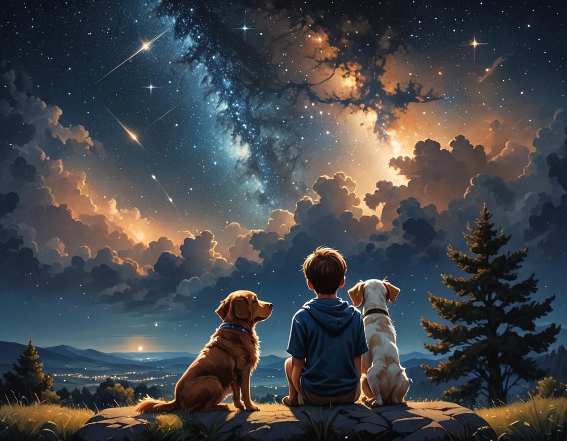 Boy and Dog Watch a Starry Night Sky