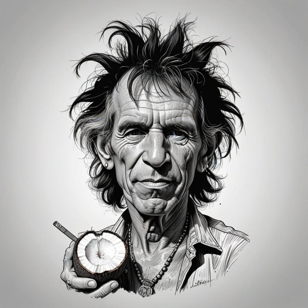Line Art Caricature of Keith Richards Holding a Coconut