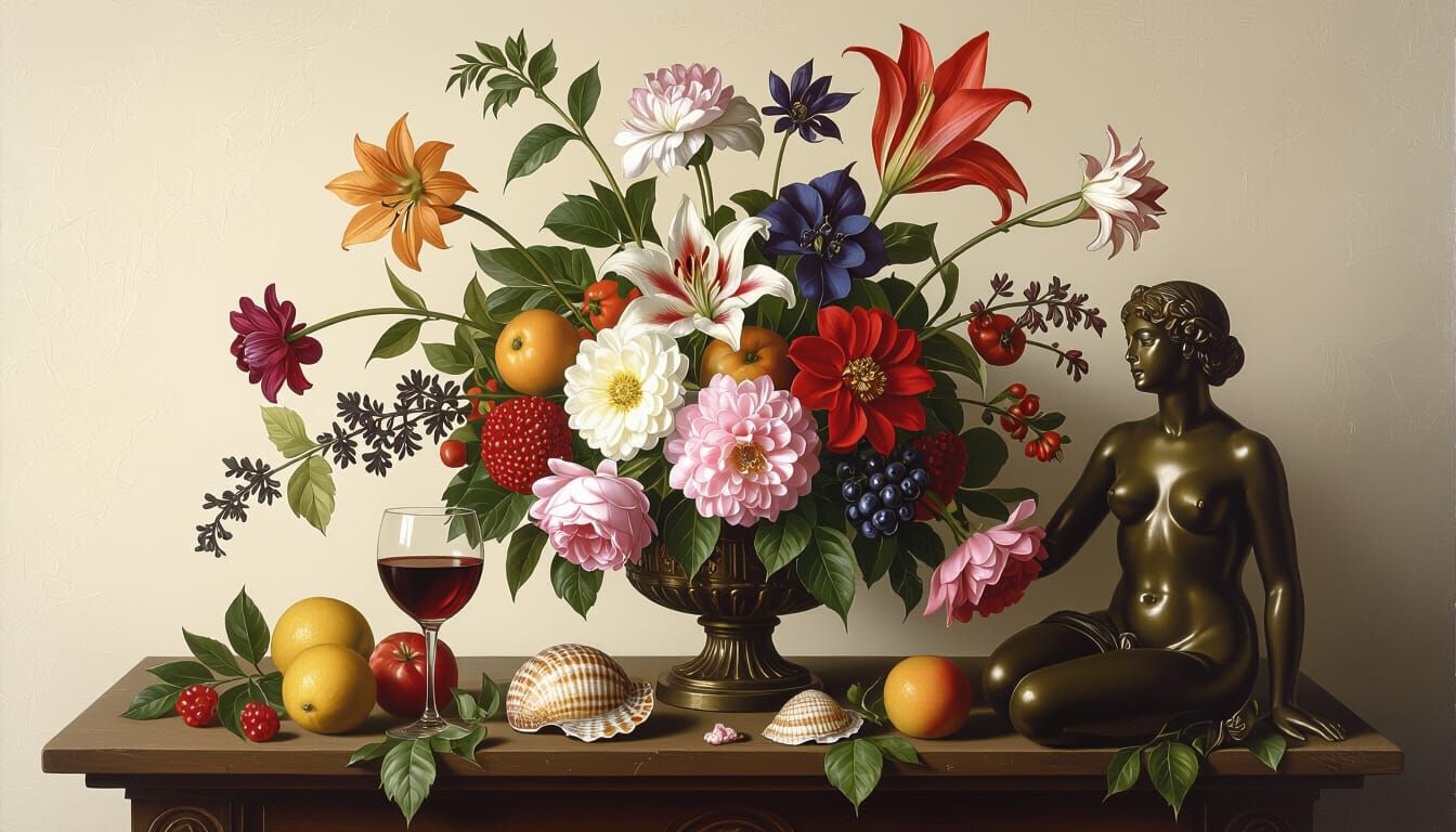 Baroque Still Life with Exotic Flowers and Erotic Figure