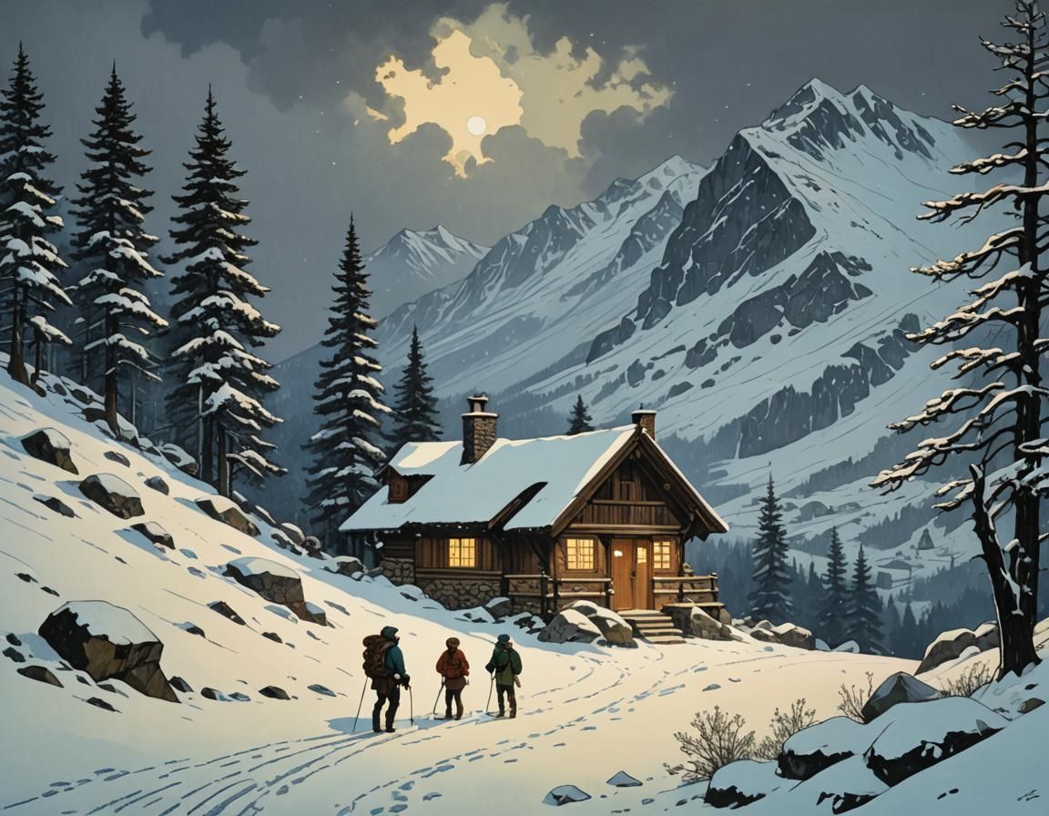 Hikers Sheltering in Snowy Alpine Hut