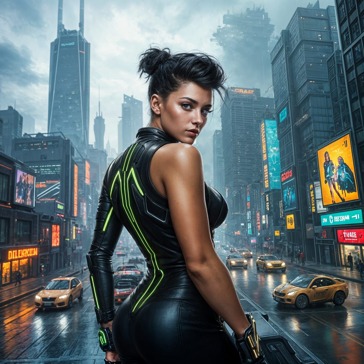 Cyberpunk Fighter in Shadowy Future City, Digital Art