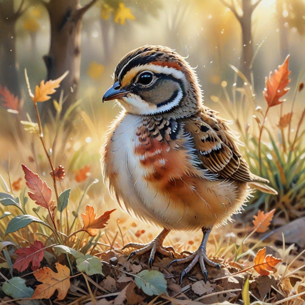 Baby Quail in Autumn Meadow Watercolor Painting