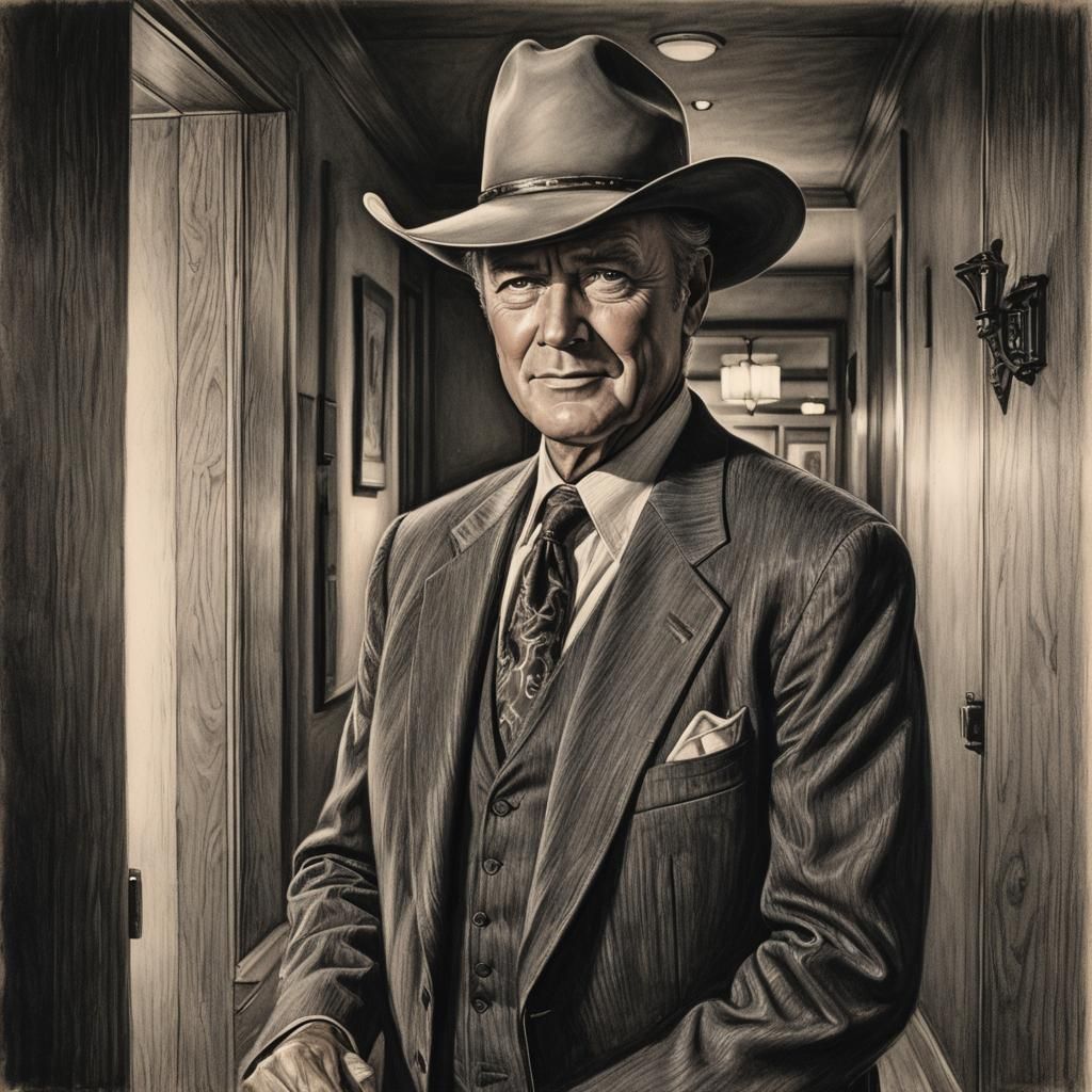 Charcoal Portrait of J.R. Ewing in Moody 1970s Style