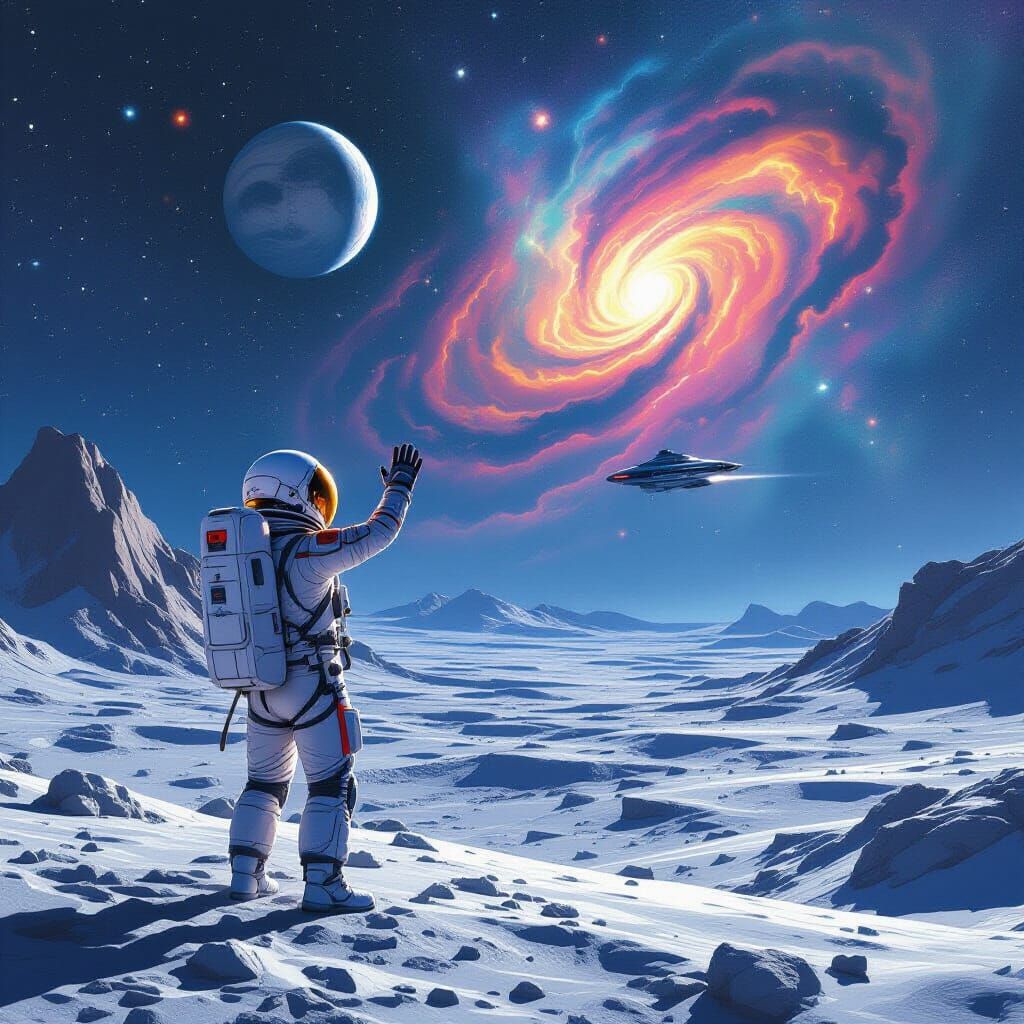 Astronaut Waves on Moon Under Colorful Nebulae
