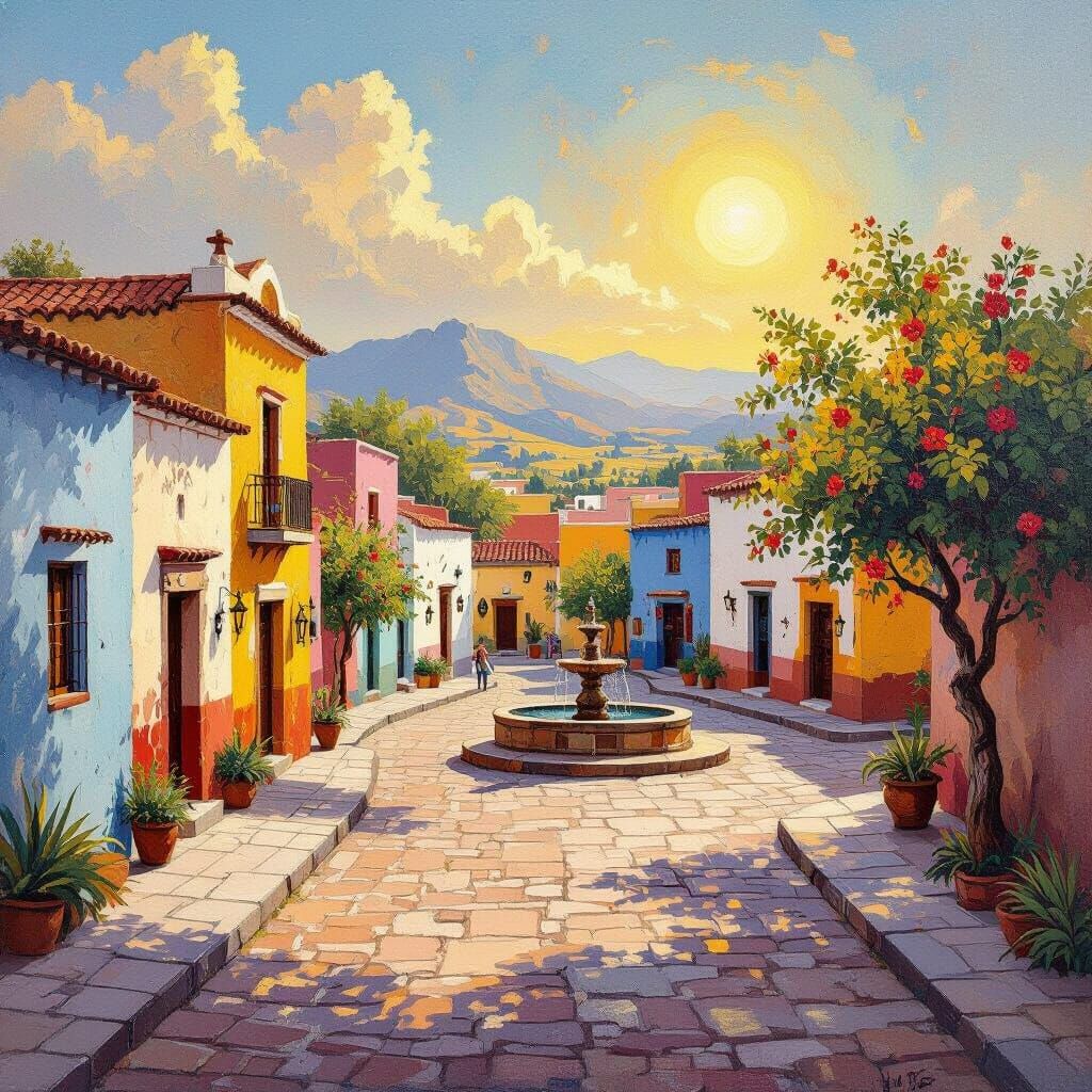 Vibrant Mexican Adobe Village at Golden Hour