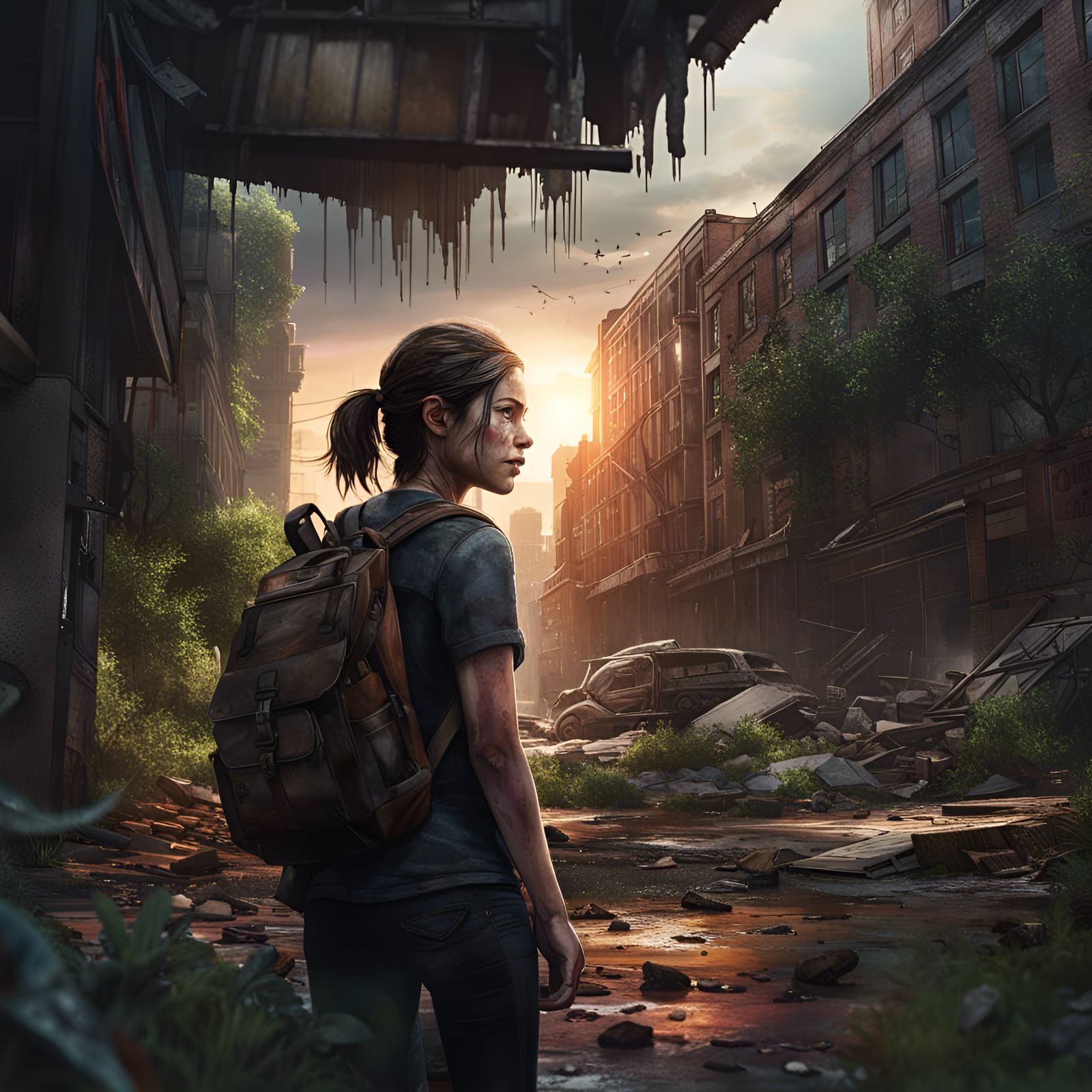 Hyperrealistic Survivor in Post-Apocalyptic Cityscape