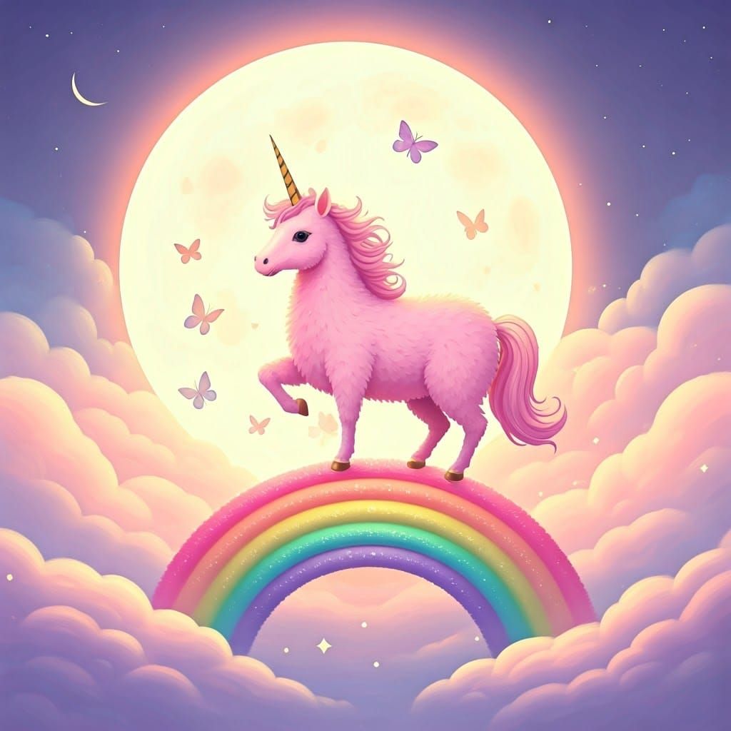 Pink fluffy unicorn dancing on a rainbow