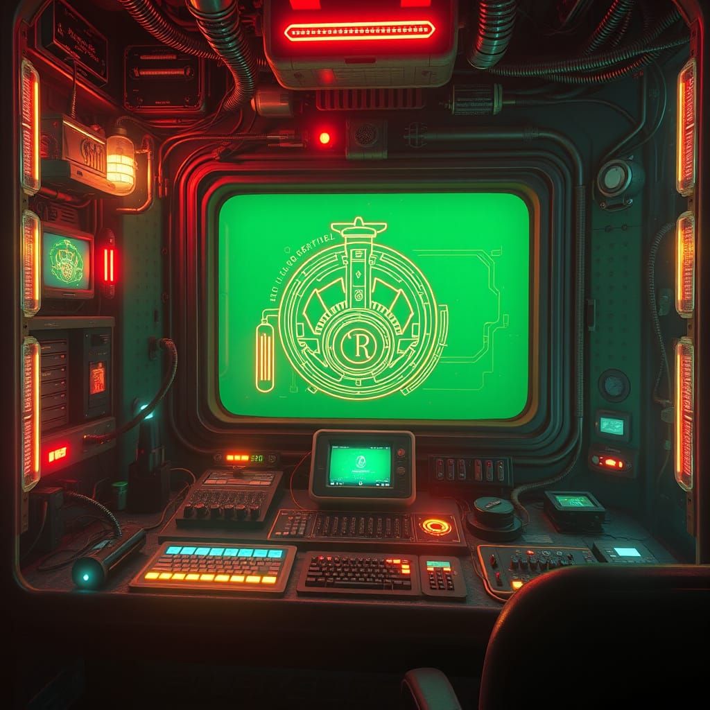 Retro-Futuristic Steampunk Security Terminal in Deep Green