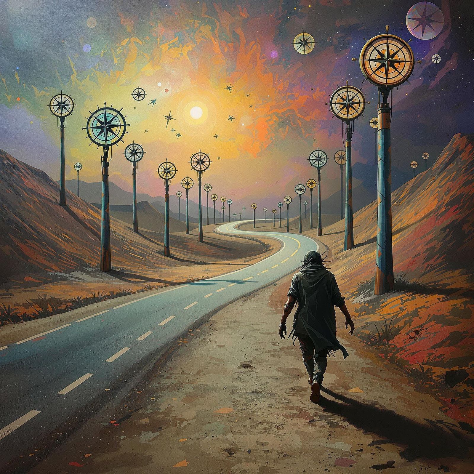 Winding Road With Compasses in Surreal Style