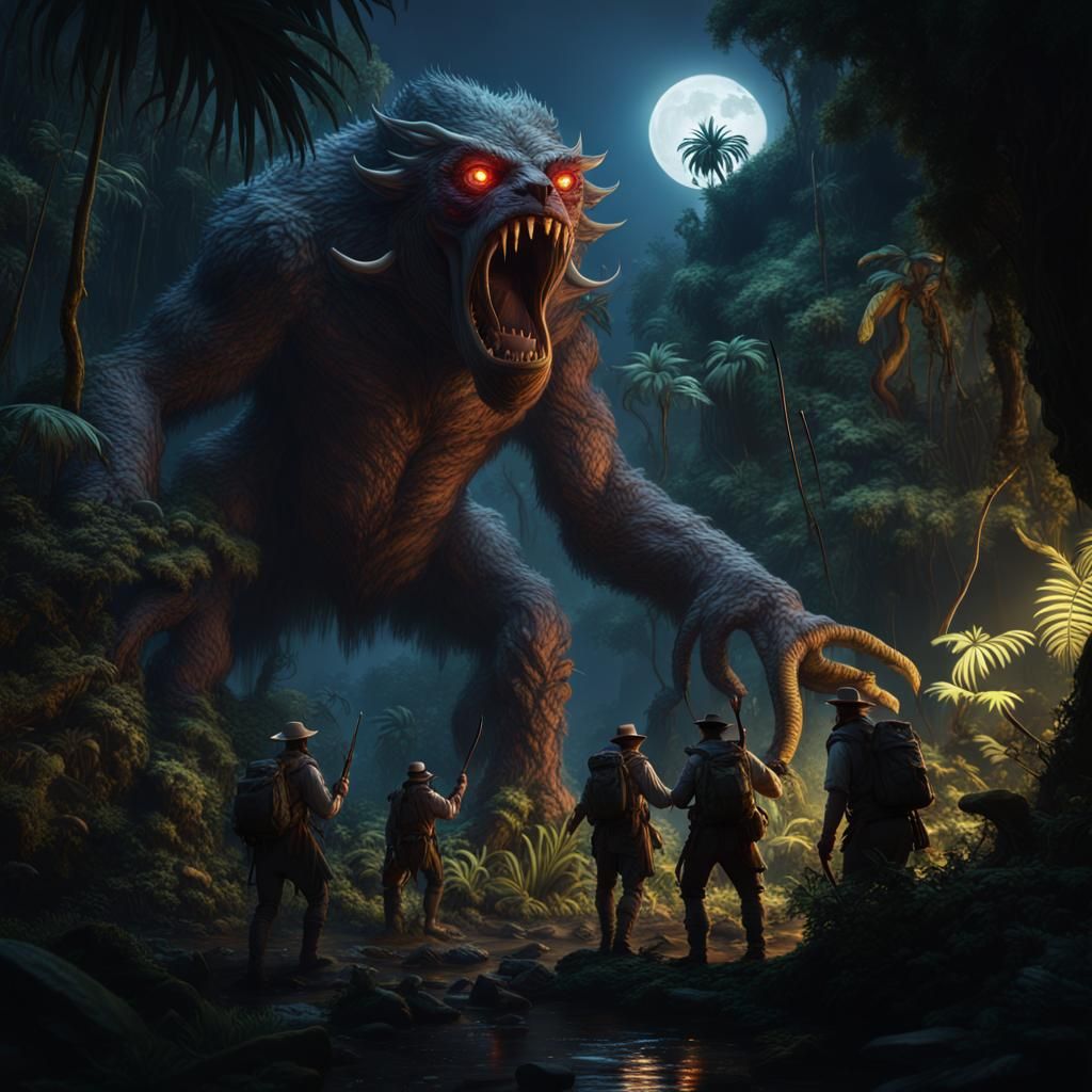 British Explorers Hunt Monsters in Jungle Night
