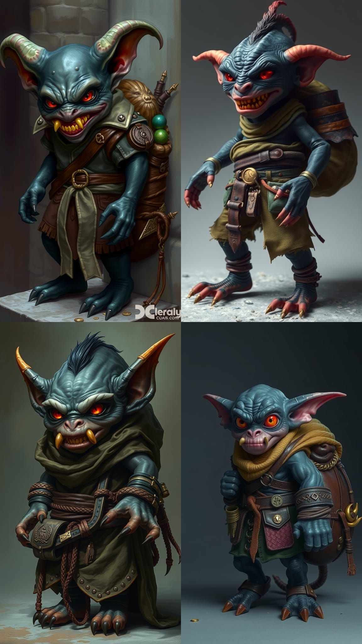 Small pitch black skinned goblin with red eyes and yellow sharp teeth. Wearing clothes with as money pockets as possible...