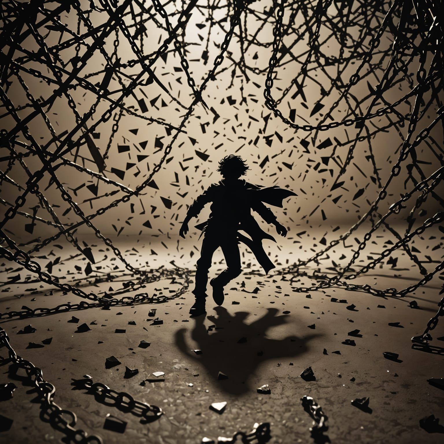 Silhouette Escapes Chains in Somber Surrealism