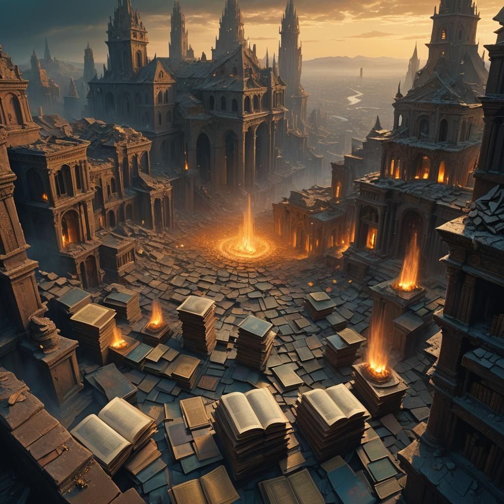 Mystical Record Keeper in Ruined Cityscape