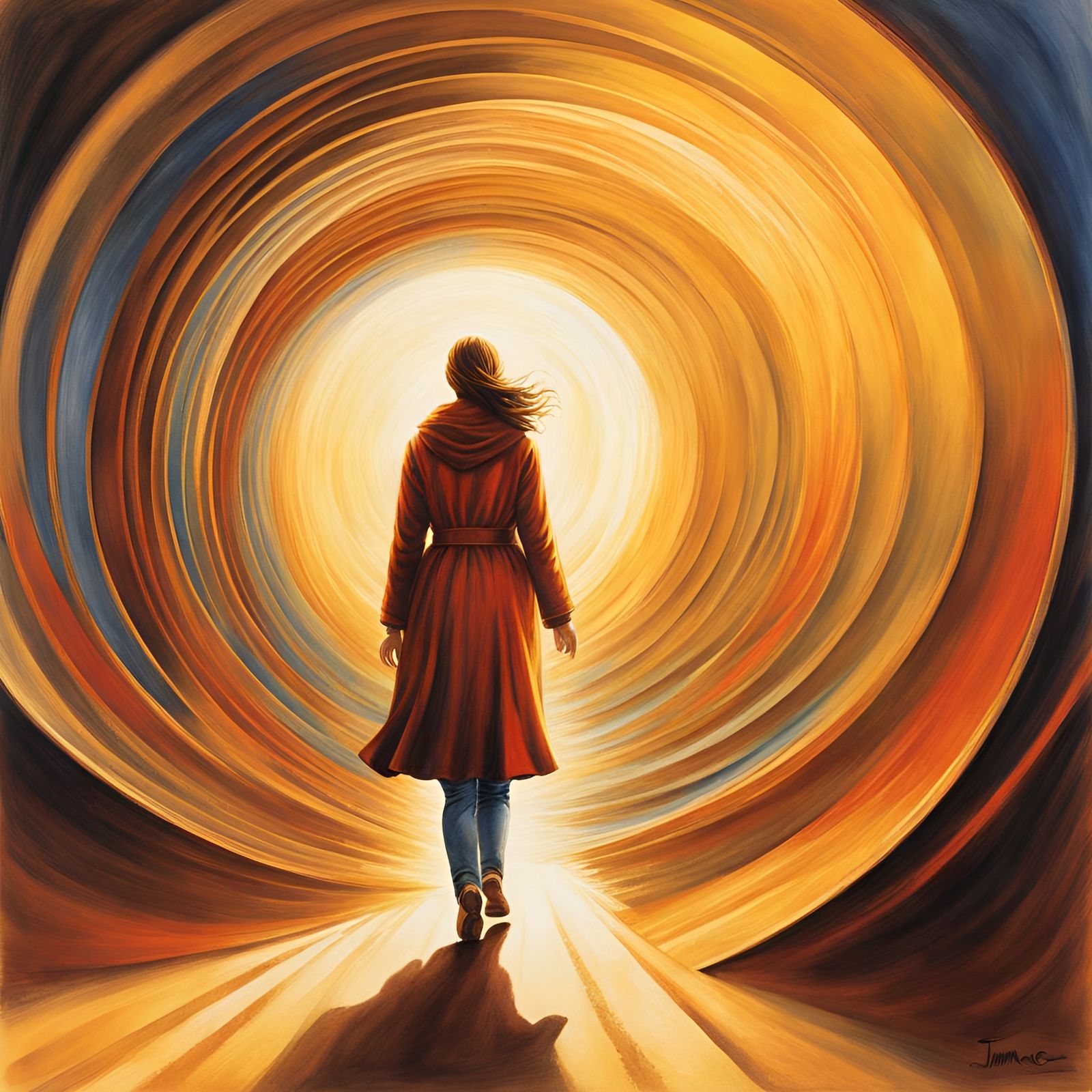 Radiant Woman Navigates Time Tunnel in Watercolor Style