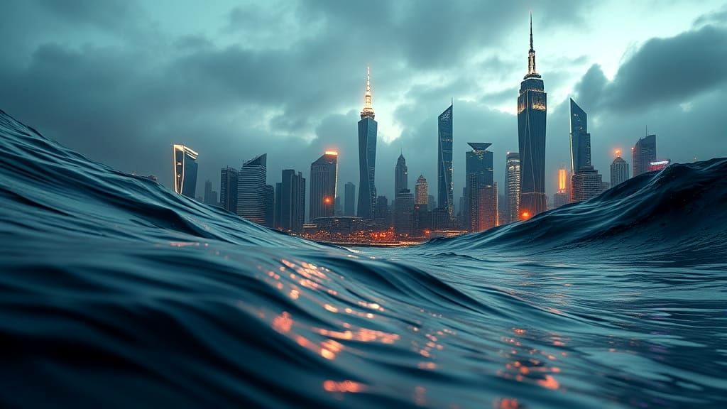 Ethereal Cityscape Emerging from Ocean Waves