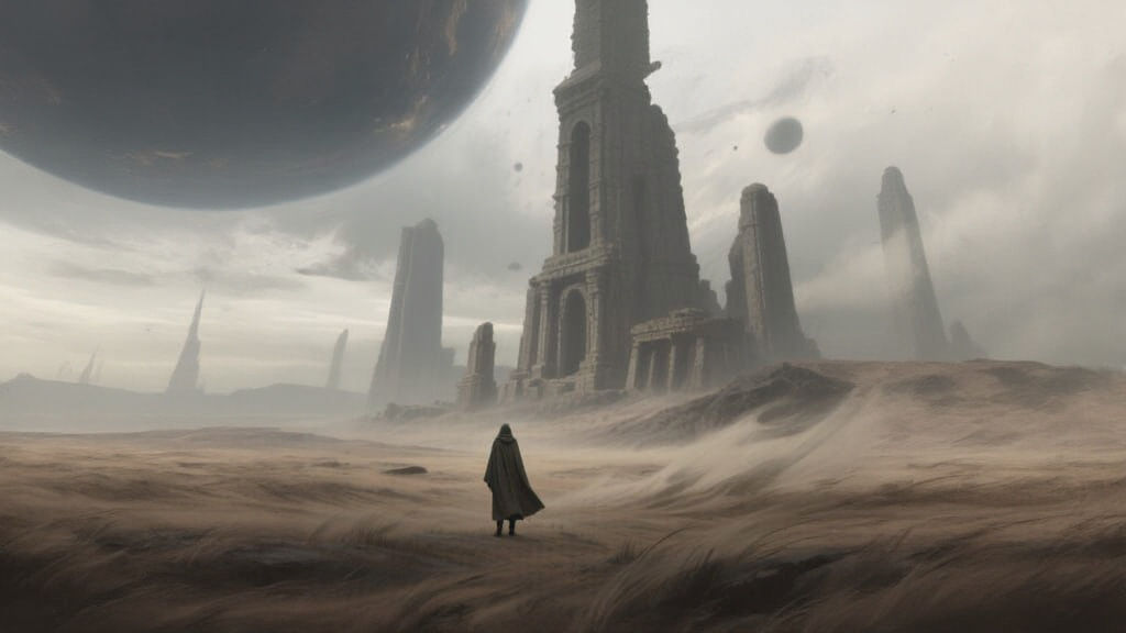 Solitary Figure Amidst Ancient Ruins on Windswept Plain