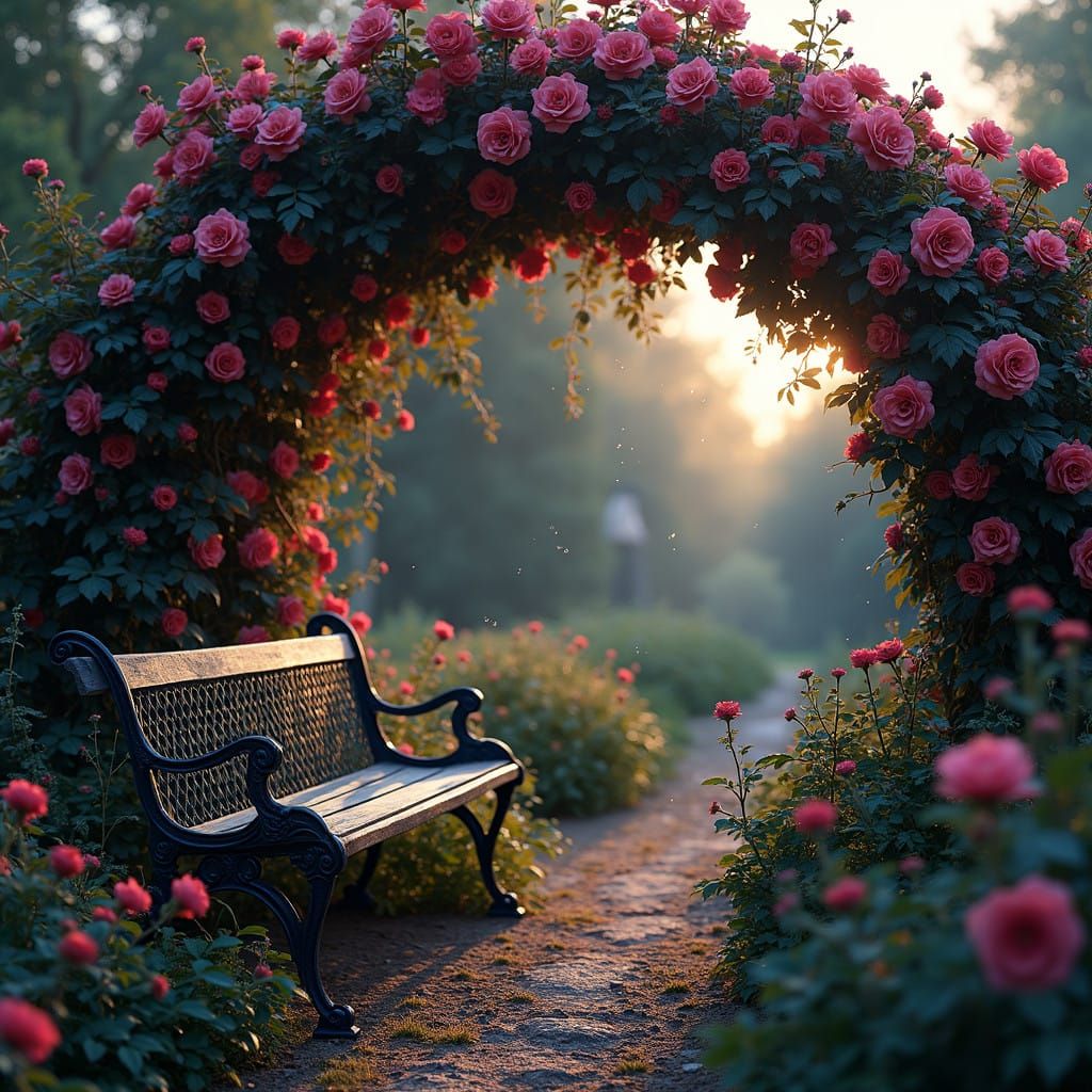 Romantic English Garden Bench in Whimsical Twilight