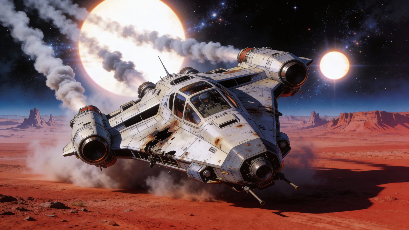 Post-Punk Spaceship Over Red Desert Planet