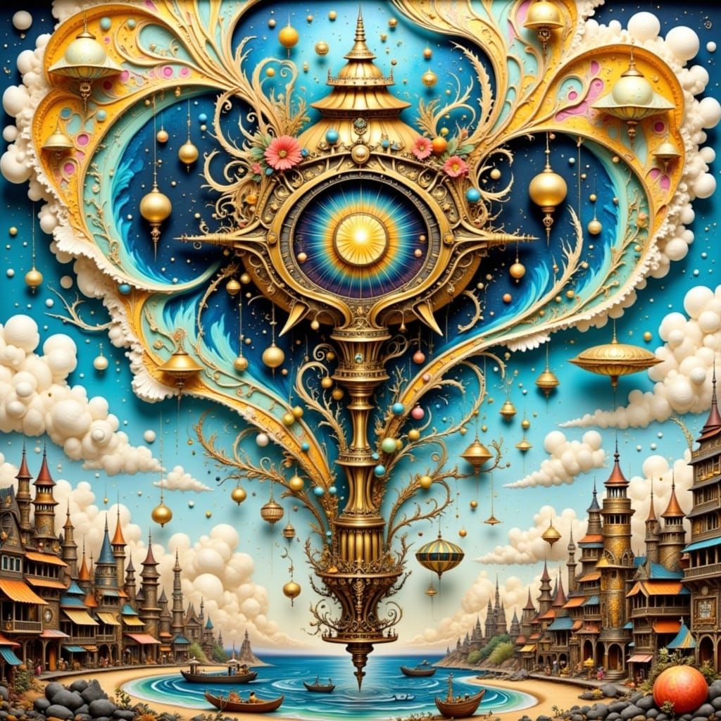 Steampunk City Marketplace with Airships and Mural