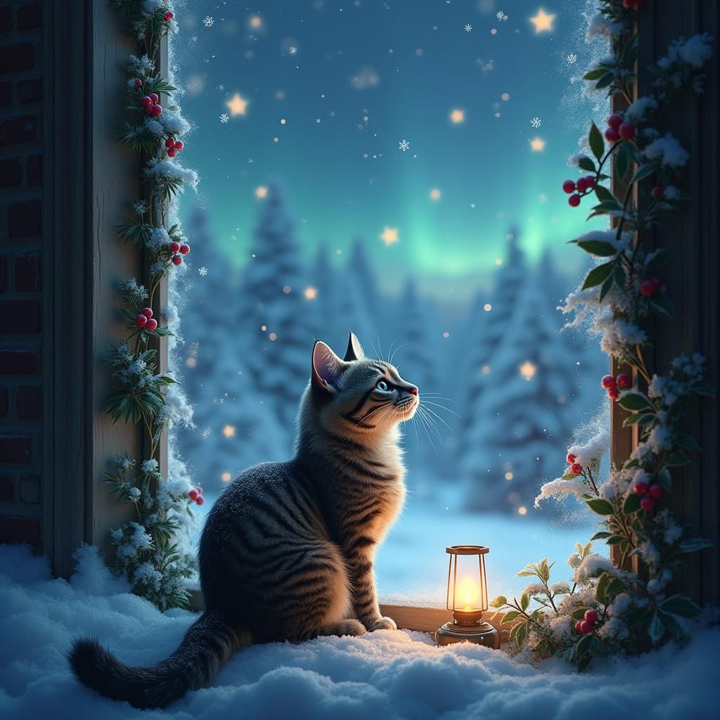 Cat Gazing at Aurora Borealis in Winter Night