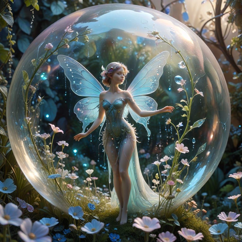 Whimsical Fairy Tending Crystalline Flowers in Bubble