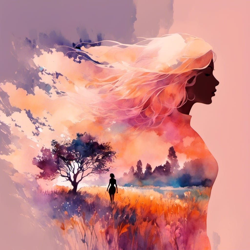 Silhouette Double Exposure with Summer Meadow