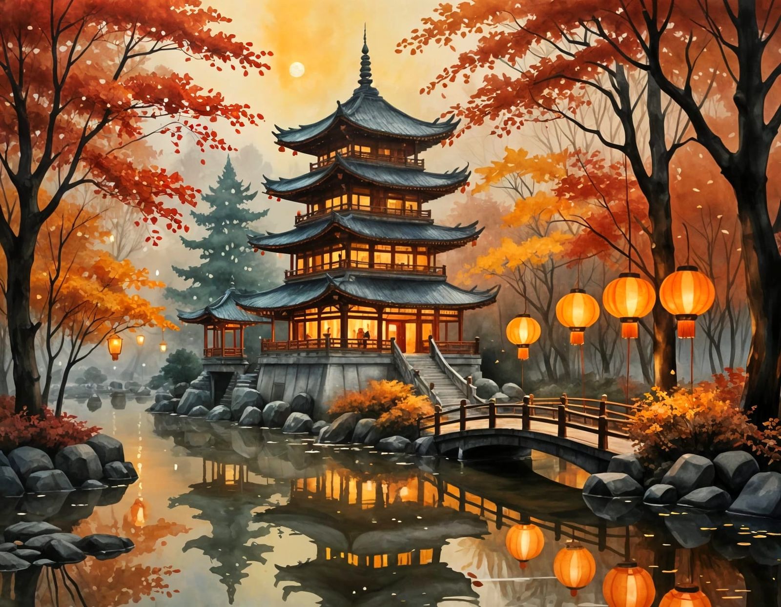 Watercolor Pagoda in Autumn Forest Glow