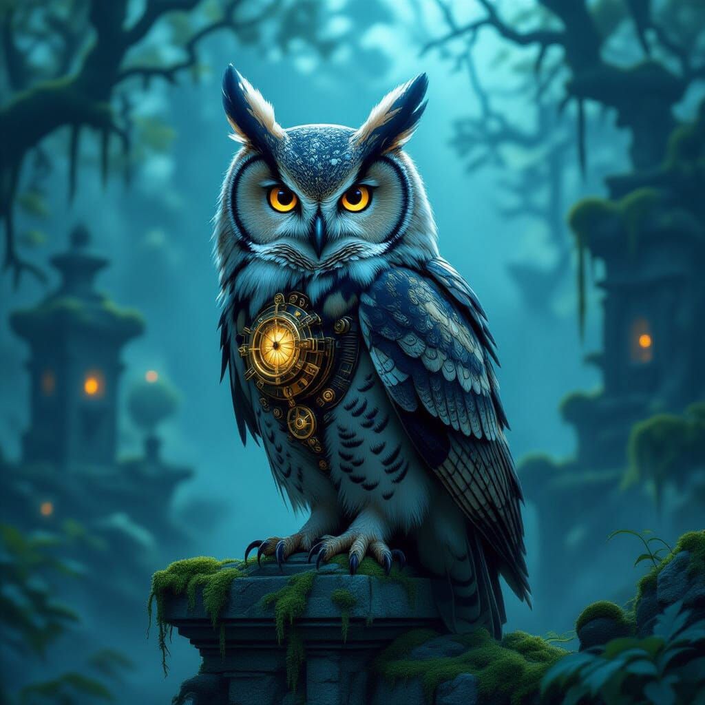 Clockwork Owl on Ruins in Misty Forest