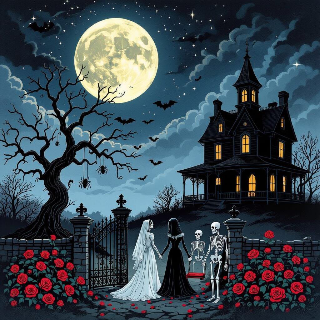 Gothic Romantic Night Ski Scene with Haunted Graveyard