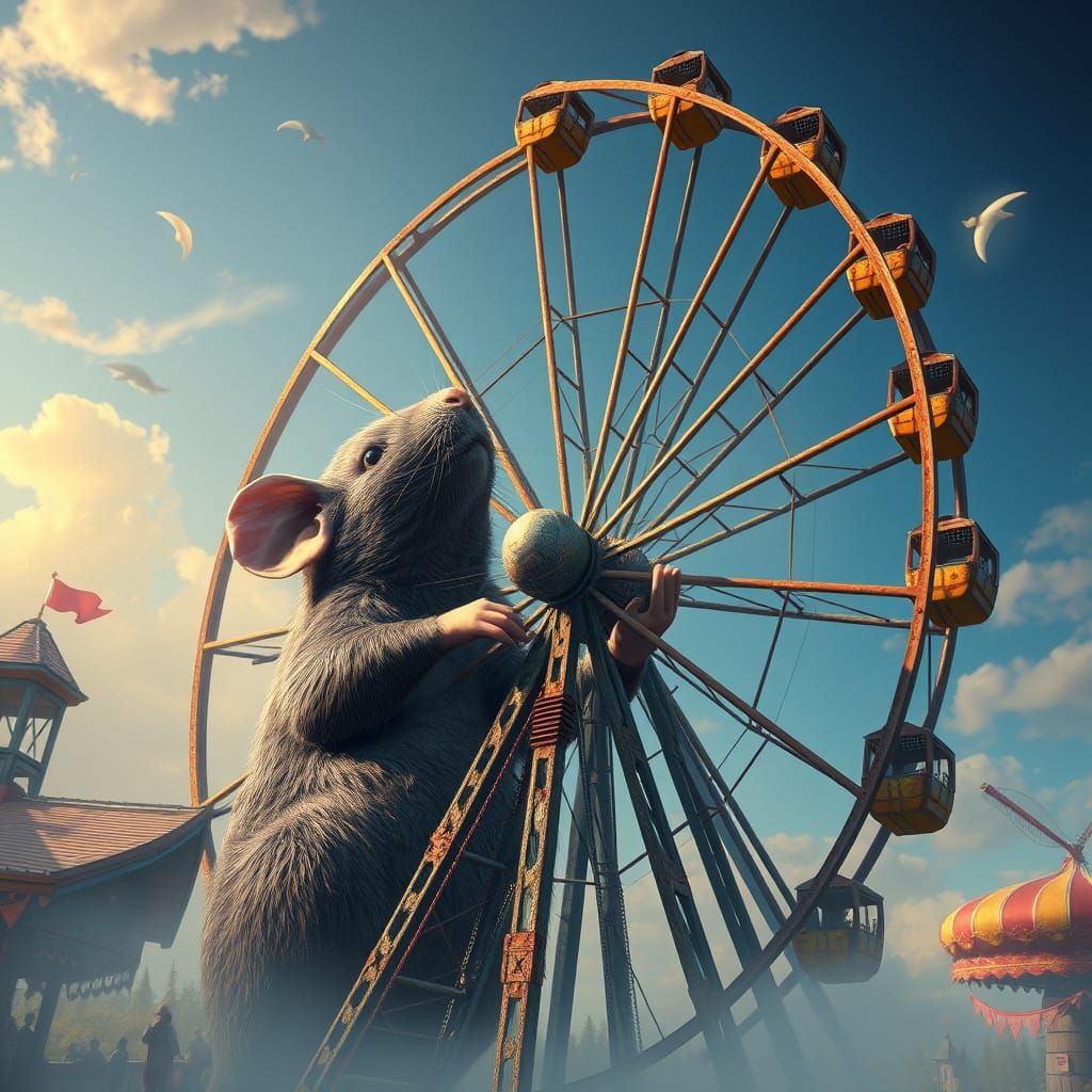 Gigantic Rat Powers a Colossal Ferris Wheel in a Dreamlike S...