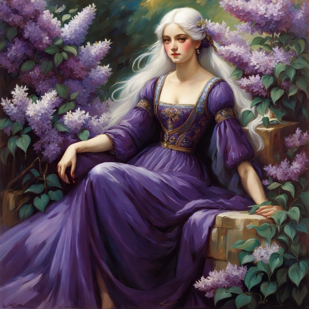 Ethereal Lilac Goddess in Violet Gown