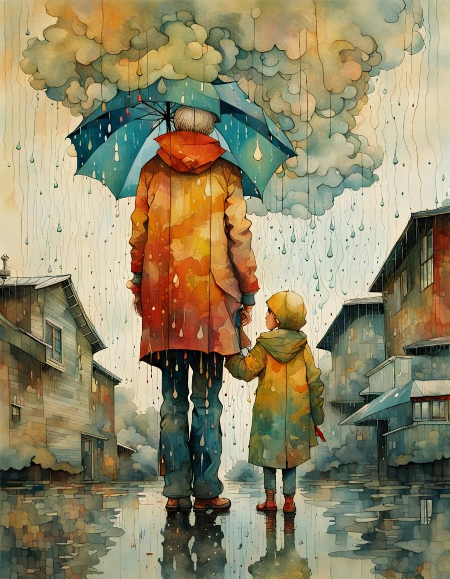 Child and Grandparents in Striated Storm: Double Exposure