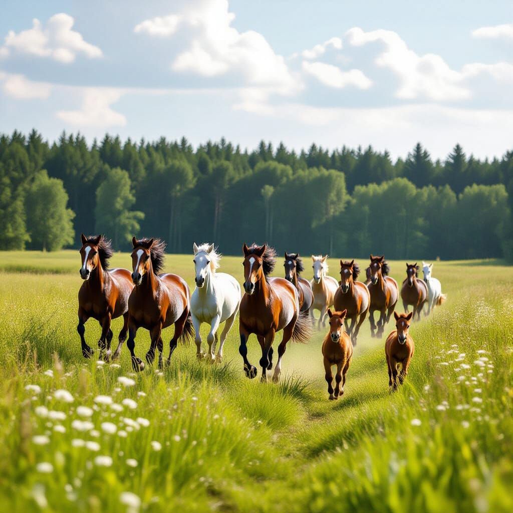 Horses Galloping Through Lush Grassy Field