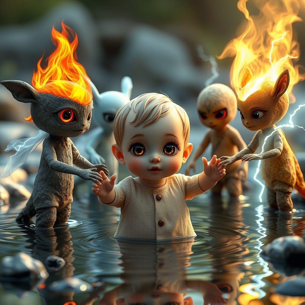 Child Encounters Elemental Beings in 3D Render