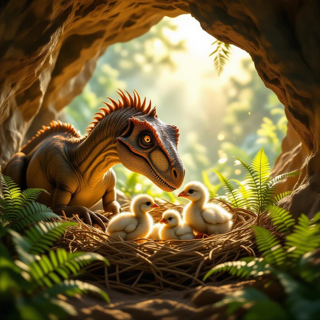 Allosaurus Mother and Chicks in Golden Light