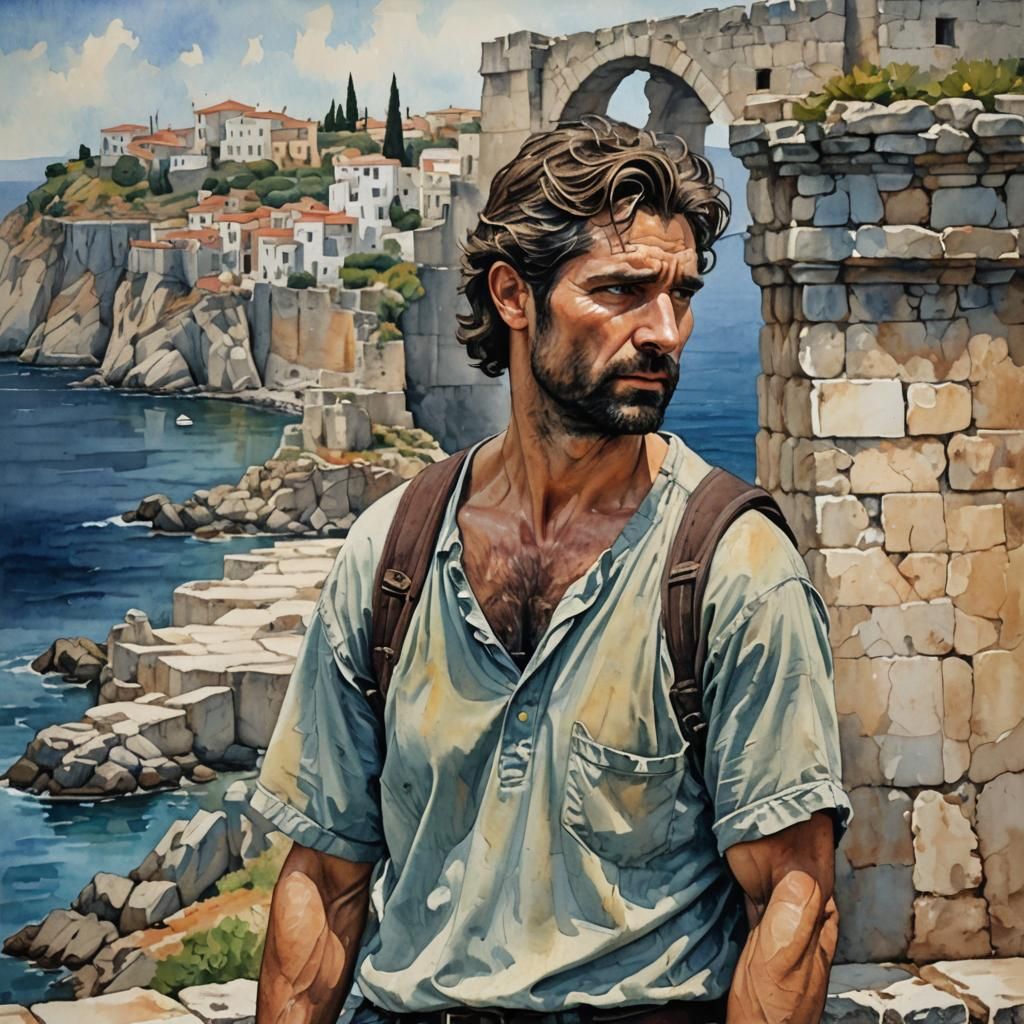 Worried Hector on Greek City Wall as Gouache Painting