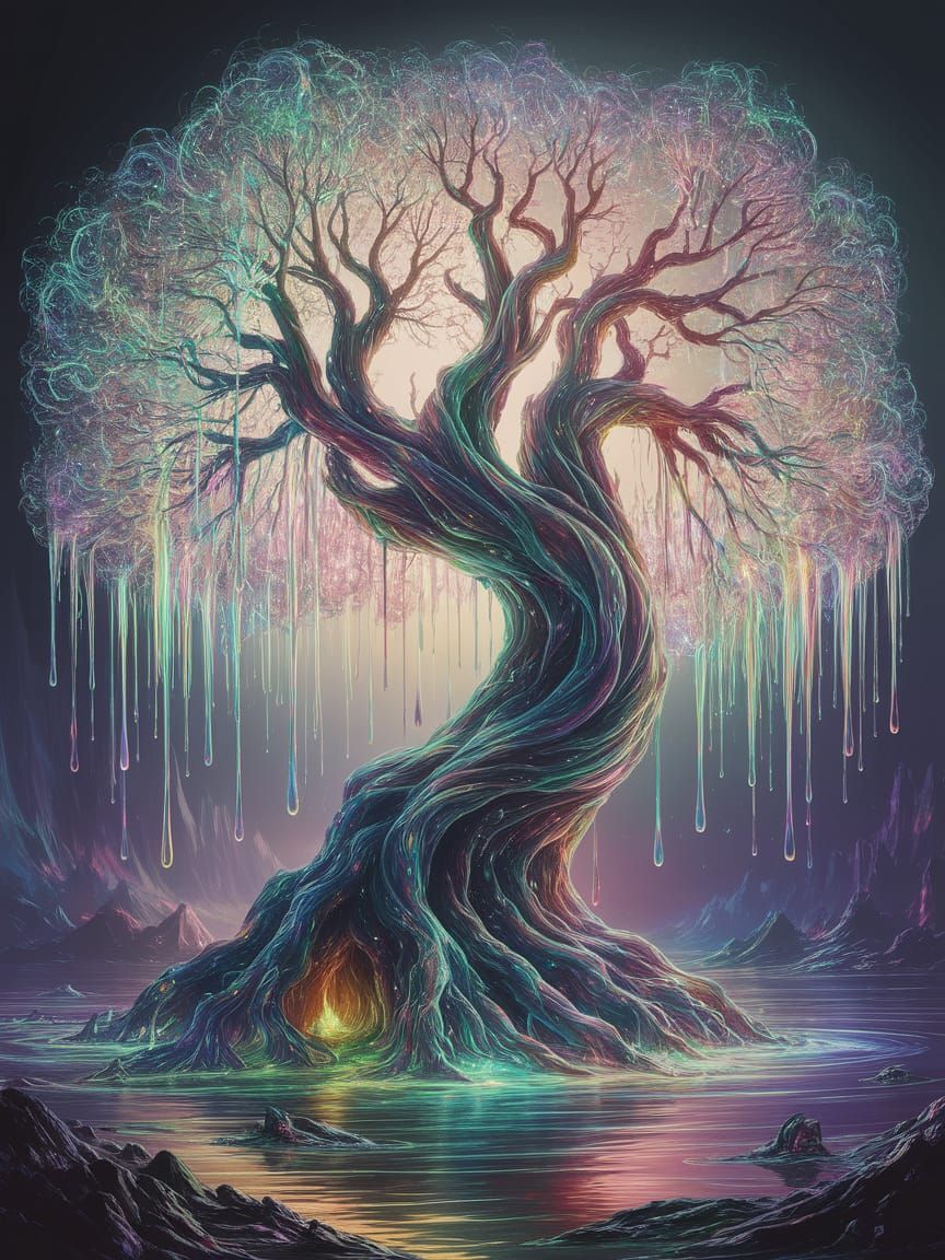 Surreal Liquid Tree with Bioluminescent Creatures