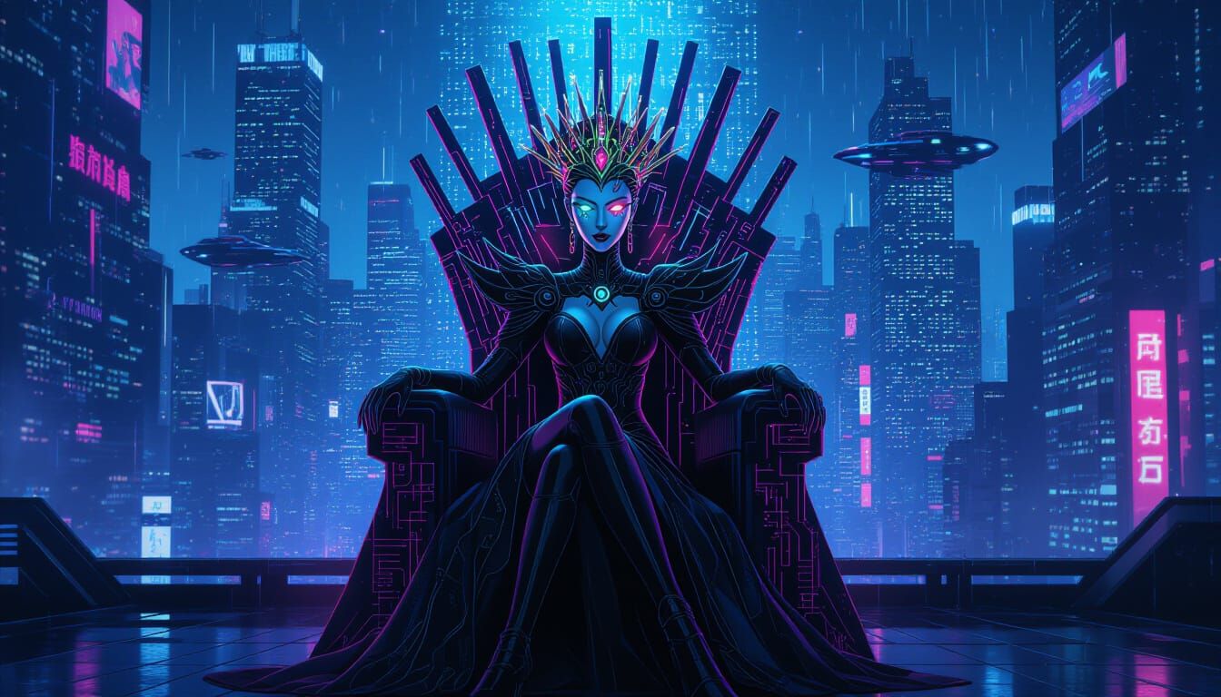 Cyberpunk Queen of Hearts Empress on Neon Throne