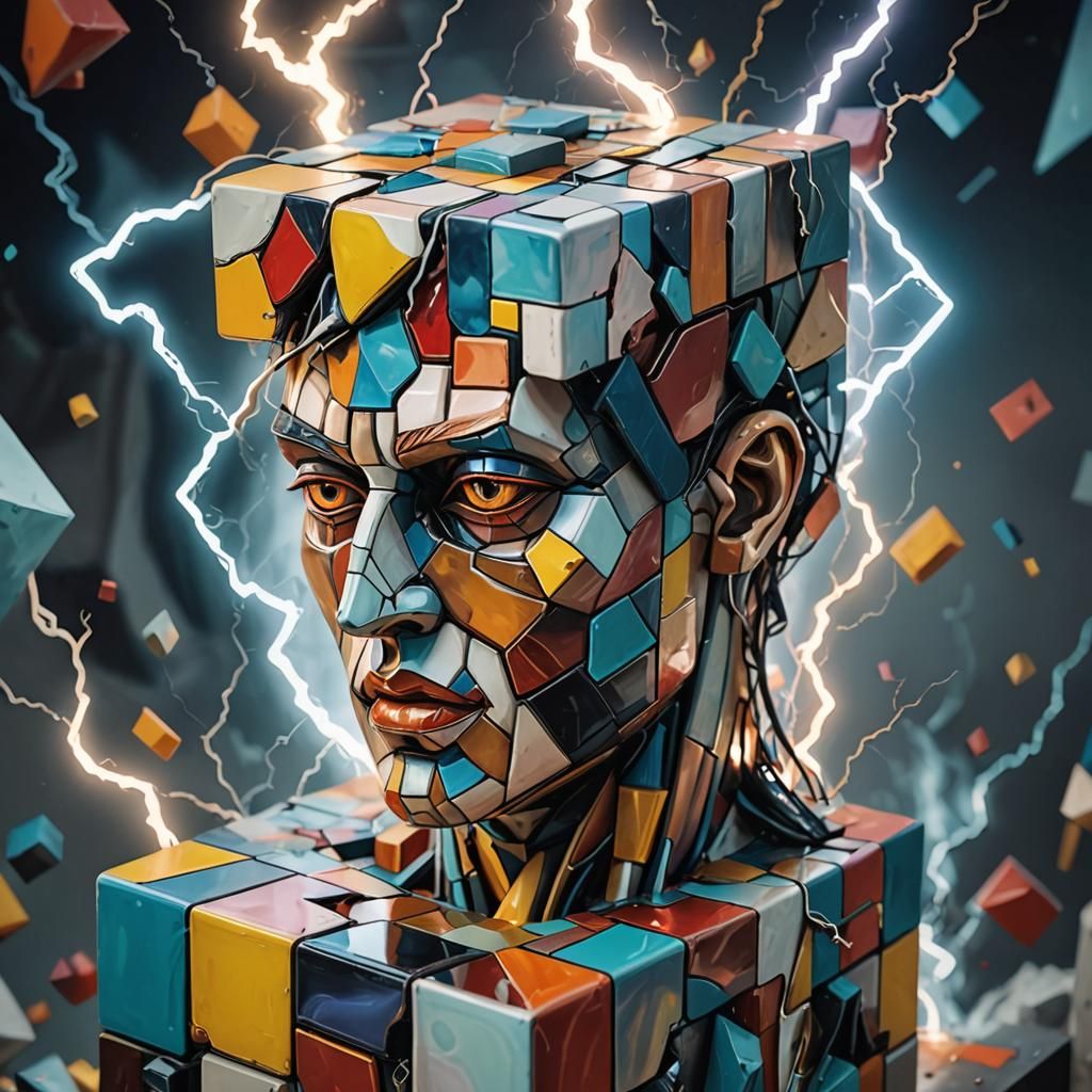 Surreal Cubist Dreamscape with Lightning