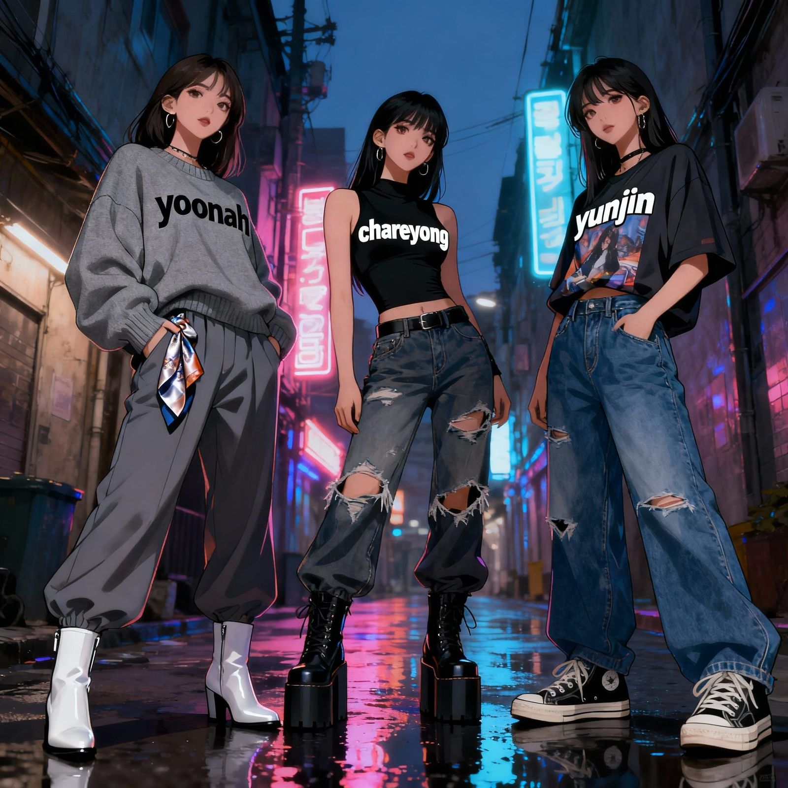 K-Pop Trio Poses in Neon-Lit Urban Alleyway