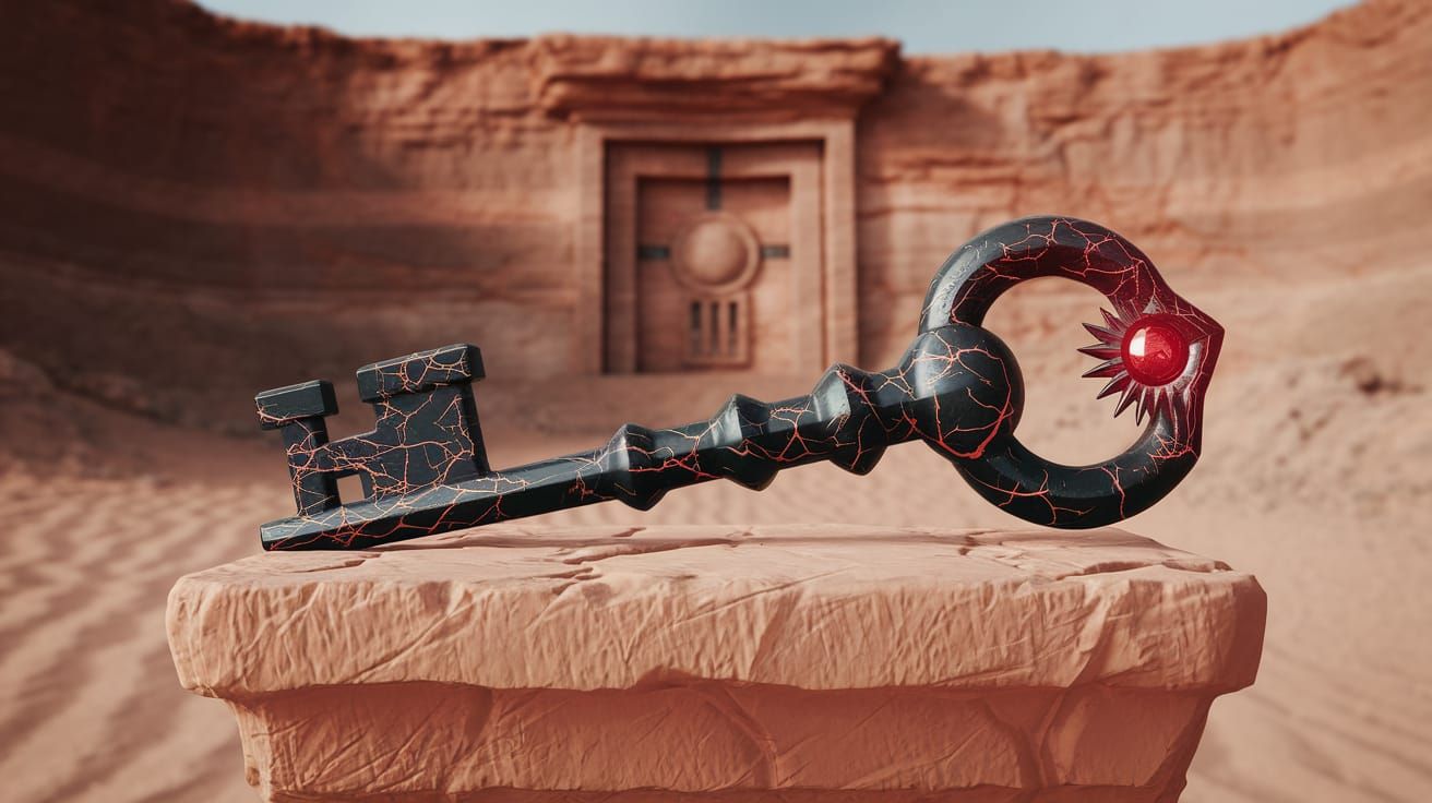 An ancient cursed key resting alone atop a wind-swept stone