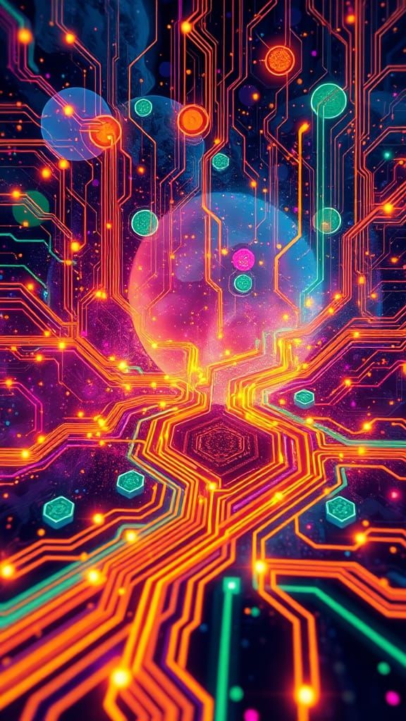 Ethereal Quantum Circuit Board Garden in Abstract Expression...