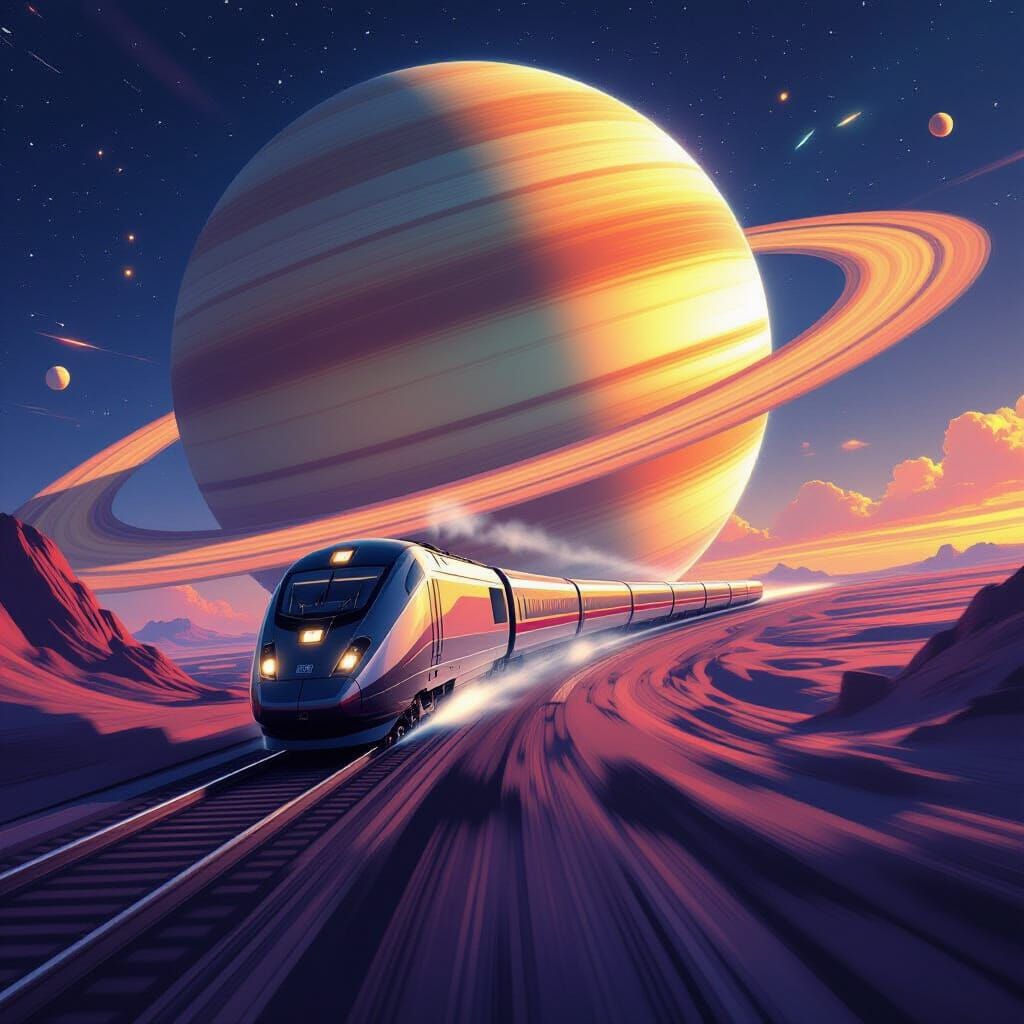 Futuristic Train Speeding Through Saturn's Rings