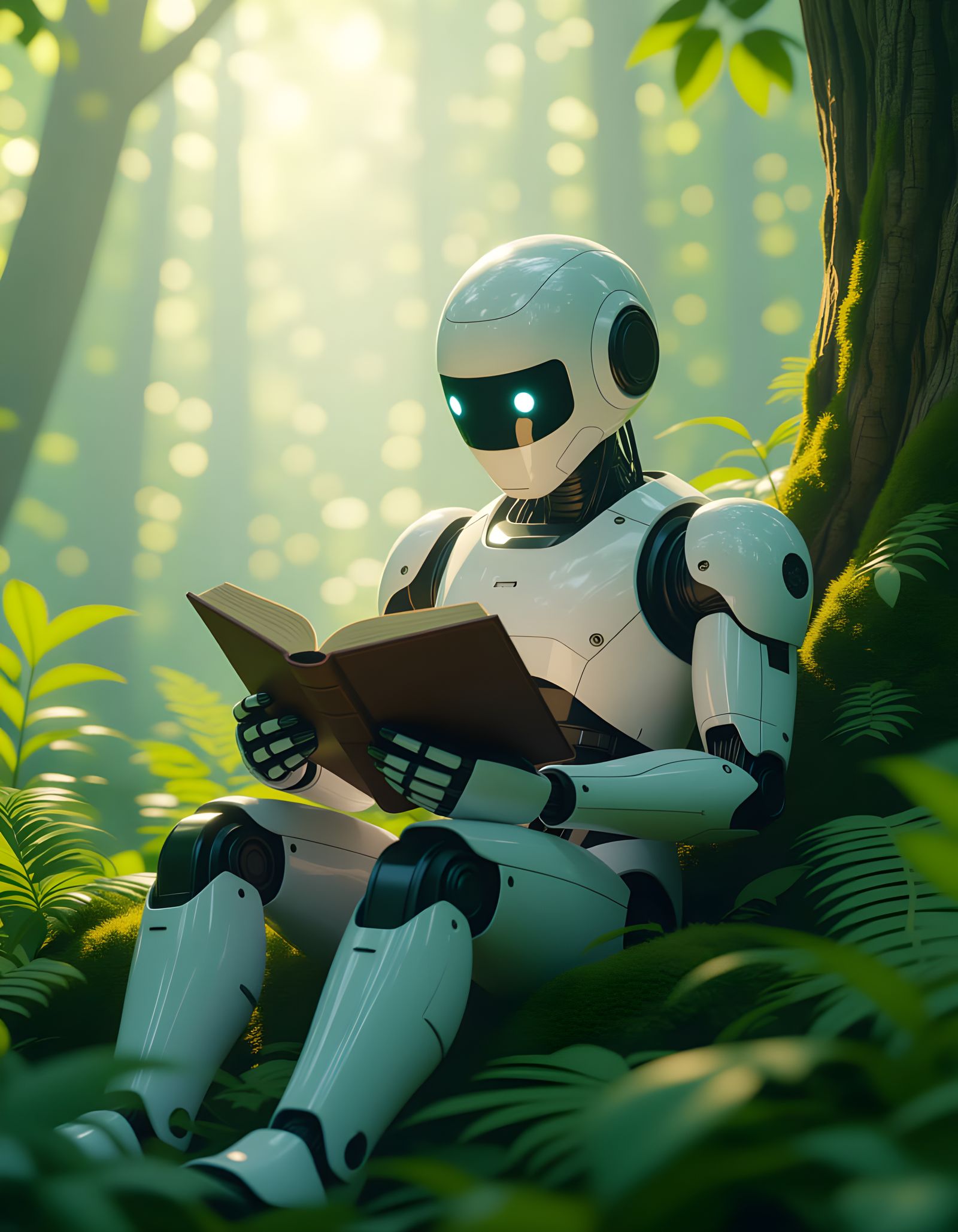 Robot Reading Book in Detailed Nature Scene, 8K