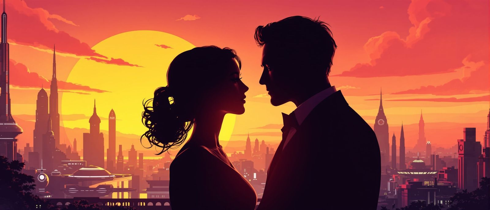 Lovers Silhouetted in Art Deco Futuristic Cityscape
