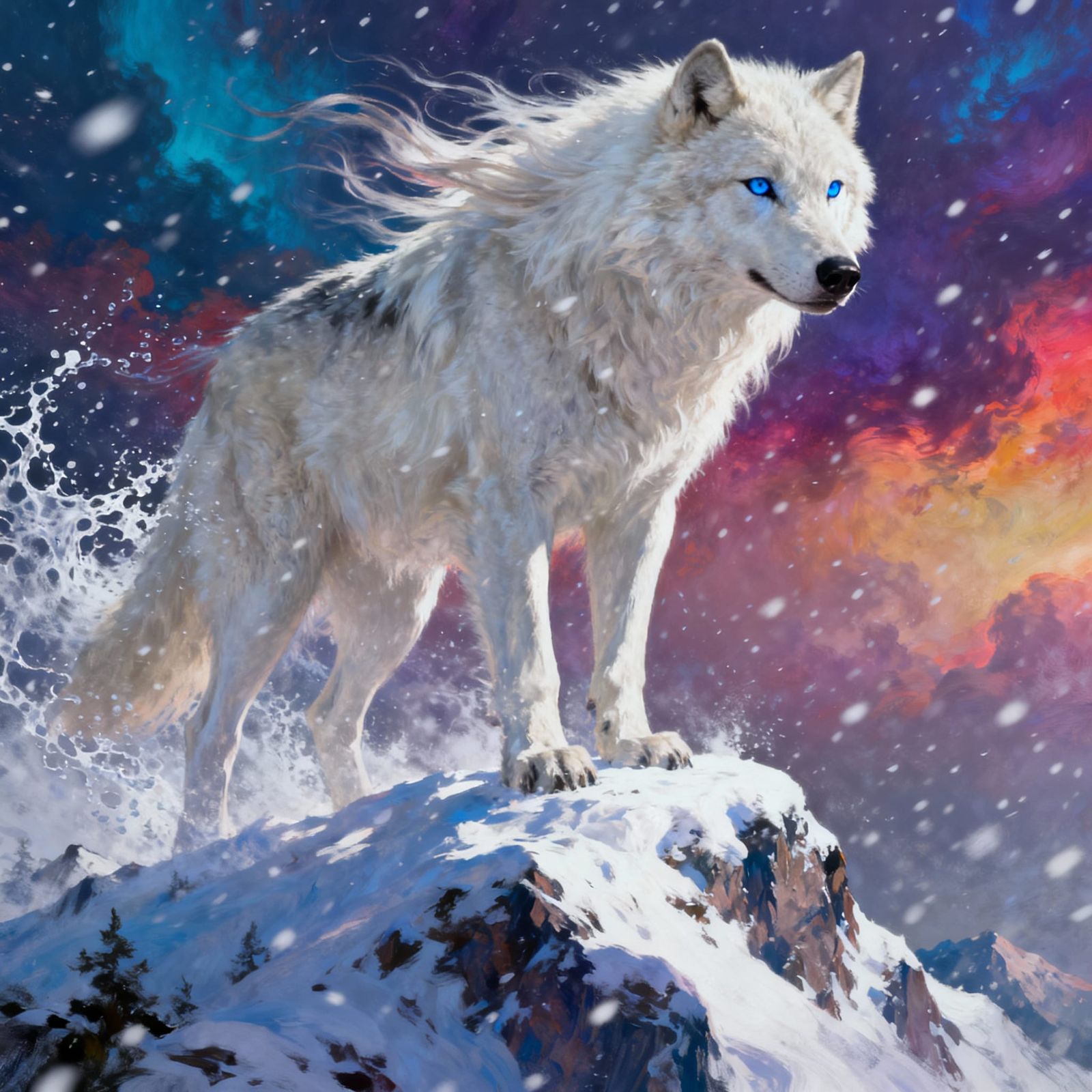 Majestic White Wolf on Snowy Peak in Blizzard